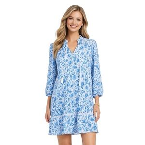 Crown & Ivy Blue Floral Long Sleeve Shift Dress Large - Cottagecore Boho Toile
